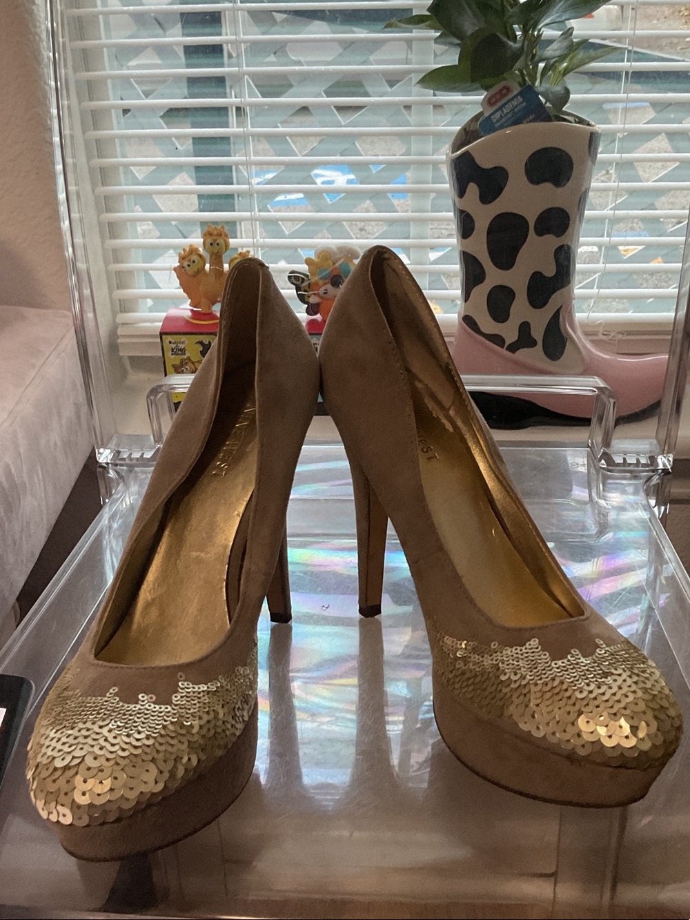 Nine West Taupe Suede High Heels with Gold Sequin Toe